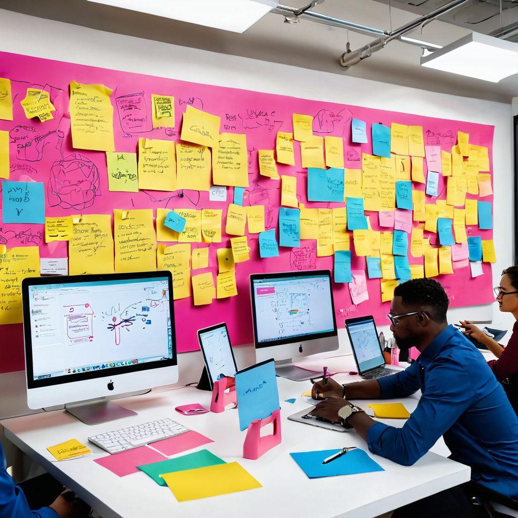 A dynamic workspace showcasing a diverse group of creative individuals brainstorming and collaborating, with sticky notes and digital devices scattered around. In the background, a large whiteboard features a mind map of ideas transitioning into impactful content. Bright, engaging colors and energy radiate throughout the scene, symbolizing creativity and innovation. super-realistic. vibrant colors. 3D.