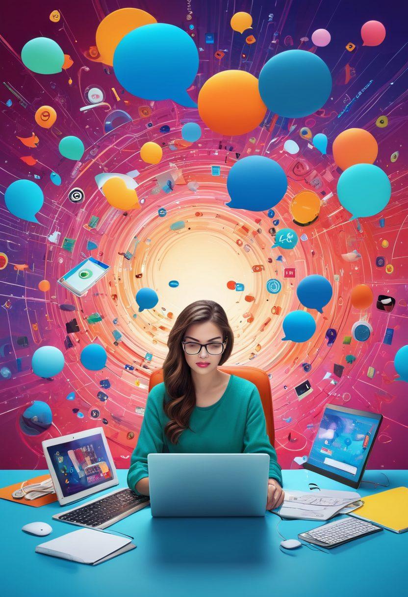 A vibrant digital landscape depicting a bustling blogosphere, with floating text bubbles highlighting creative ideas and inspiration. Central to the scene is an artistic figure, representing Tika, immersed in a colorful whirl of creativity, surrounded by symbols of technology like laptops and tablets. The background is a dreamy blend of colors, suggesting innovation and exploration. super-realistic. vibrant colors. modern digital art.